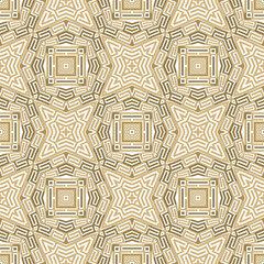 Gold tribal ethnic style seamless pattern. Greek ornamental background. Elegant repeat Deco backdrop. Golden geometric ornaments. Modern symmetrical abstract design. Endless texture. Isolated. Vector