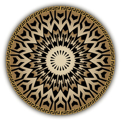 Gold round 3d greek mandala. Beautiful ornate greek pattern. Ornamental vector background. Decorative golden ornament. Circle greek key meanders frame. Zigzag lines, shapes. Geometric design. Rosette