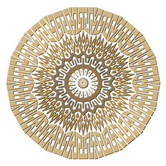Gold ethnic round mandala pattern. Golden abstract floral ornament on white background. Geometric elegant fractal ornaments. Abstract shapes, circles, frame, border, greek key, meanders, zigzag lines
