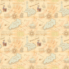 vector image of a seamless texture on the fabric and paper of the ancient nautical map of the sea routes of medieval ships