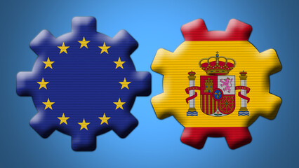 Naklejka premium Spain and European Union Wheel Gears Flags – 3D Illustration