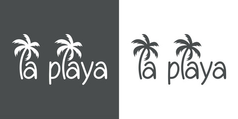 Destino de vacaciones. Banner con texto la playa en español con letra con forma de silueta de palmera en fondo gris y fondo blanco