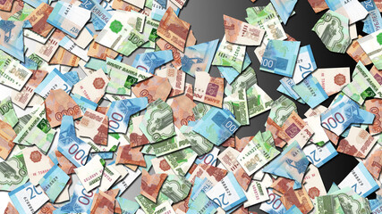 Illustration. Russian paper money torn to shreds. Parts of banknotes of the Russian Federation in denominations of 1000, 2000 and 5000 rubles