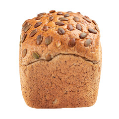 Isolated loaf of hemp bread with pumpkin seeds on white background
