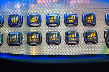 Slot machines buttons in casino close up view. Gaming machine buttons.