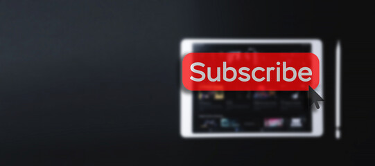 Subscribe banner. Online video subscription red button. Internet service on laptop digital tablet blured technology background. Social media concept. Streaming video.