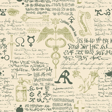 vector image of a seamless texture for printing on fabric and paper in the form of an alchemical formula with encrypted symbols in the style of medieval old graphic manuscripts text lorem ipsum