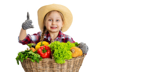 Portrait of cute little girl, emotive kid in image of farmer, gardener with large basket of...