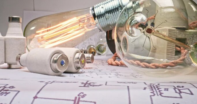Light bulb, cables on diagrams. Low voltage edison bulb. 