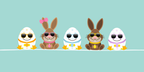 Sitzende Osterhasen Junge & Mädchen Mit 3 Ostereiern Sonnenbrille Banner Türkis