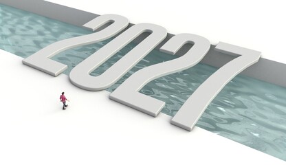 3D illustration of a person about to cross a bridge in the shape of the number 2027