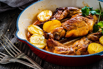 Cooked rabbit thighs with potatoes in frying pan	
