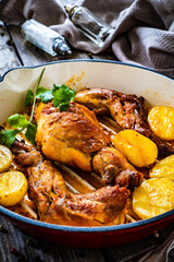 Cooked rabbit thighs with potatoes in frying pan	
