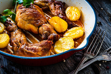Cooked rabbit thighs with potatoes in frying pan	
