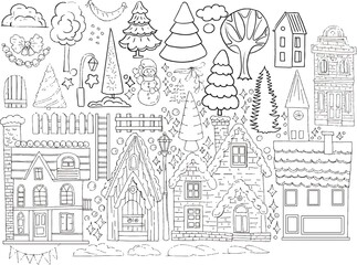 Houses Christmas trees city graphics ink coloring for children