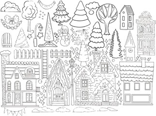 Obraz premium Houses Christmas trees city graphics ink coloring for children
