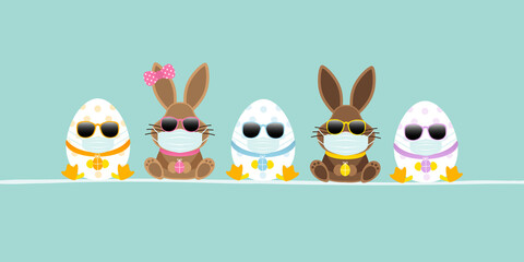 Sitzende Osterhasen Junge & Mädchen Mit 3 Ostereiern Maske Sonnenbrille Banner Türkis