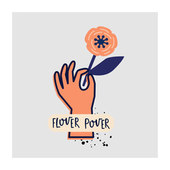 Vector illustration of a flower arrangement in pastel colors. Flowers and a vase in the shape of a hand and lettering composition. Poster for the interior, postcard. In hand-drawn style