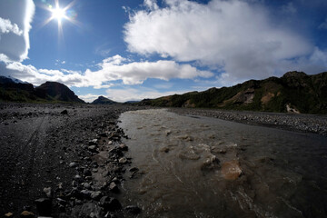 Tal Thorsmörk im Süden Island - durch das Schmelzwasser der Gletscher Tindfjallajökull und Eyjafjallajökull geformtes Tal in der Gemeinde Rangárþing eystra in Island