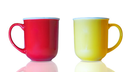 Two isolated large mug cups of red and yellow color