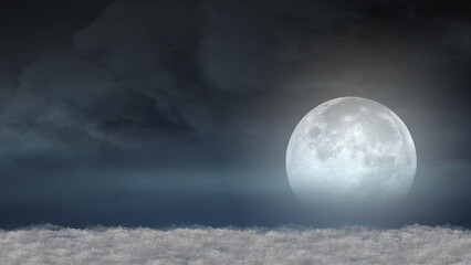 Fototapeta na wymiar Beautiful realistic flight over cumulus lush clouds in the night moonlight