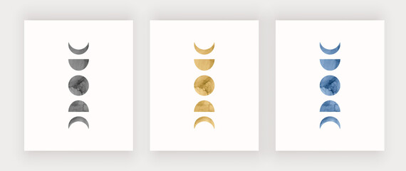 Boho wall art prints with black, gold and blue moon phase