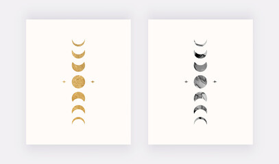 Boho wall art prints with black and gold moon phase