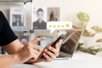 User give rating to service experience on online application, Customer review satisfaction feedback survey concept, Customer can evaluate quality of service leading to reputation ranking of business.