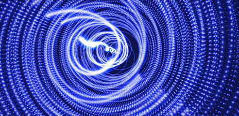 Abstract science or technology background. Array with dynamic particles. Swirl with connected dots and light effect. 3d grid surface. Vector illustration.