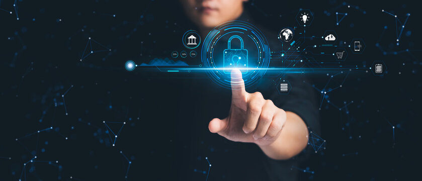 Cybersecurity and privacy concepts to protect data. Lock icon and internet network security technology. Businessmen protecting personal data virtual interfaces.