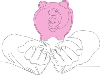 Fototapeta premium Continuous one line drawing of Teach child girl to save coin into a piggy-bank to manage finances save money spend earnings with economy plan family budget. Vector illustration