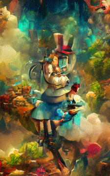 Wall art paining in oil mixed style, stock, contemporary impressionism artwork for sale, vibrant abstract art, colorful brush strokes, print for interior. Alice in wonderland artwork theme, madness