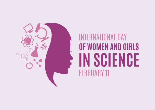 International Day of Women and Girls in Science illustration. Science icon set. Young woman face profile purple silhouette illustration. Important day
