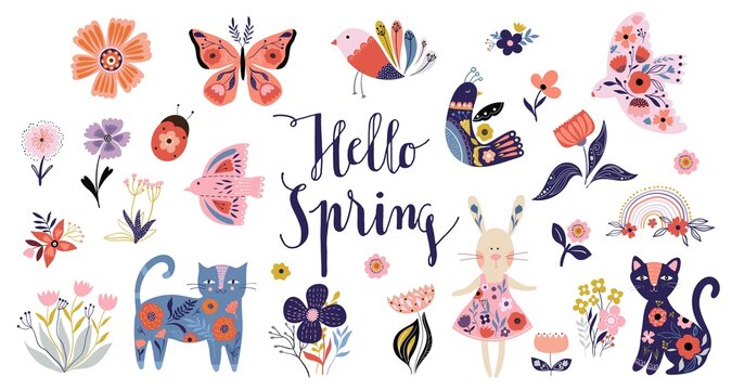 Hello Spring collection with decorative elements, folk style, seasonal floral design