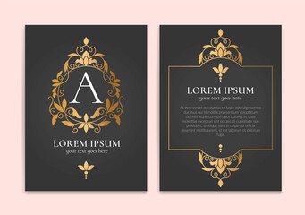 Black and gold luxury invitation card design with vector frame ornament. Vintage template. Can be used for background and wallpaper. Elegant and classic vector elements great for decoration.