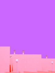 Minimalist architecture stylish space. Trendy colours combination. Pink and purple. Geometry and details