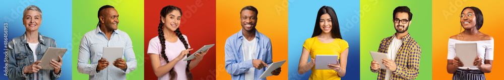 Poster modern technologies. group of multicultural people with digital tablets over colorful backgrounds