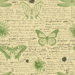 vector image of a seamless textured background for printing on fabric and paper in the style of notes from an entomologist's diary with sketches, formulas and notes and sketches of insects text lorem 