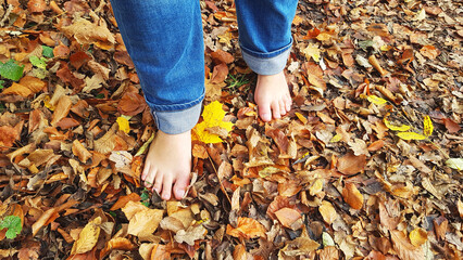 Herbst Laub Fuß Füße barfuß Pfad Weg draußen Erfahrung Kind Fußtapsen Junge Mann Frau fühlen...