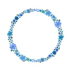 ブルー系　水彩のお花のリース・フレームセット　ラスター素材
