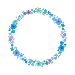 ブルー系　水彩のお花のリース・フレームセット　ラスター素材