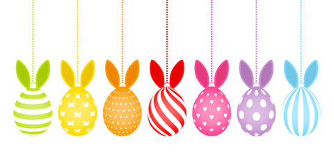 7 Bunte Hängende Ostereier Mit Hasenohren Und Weißen Mustern