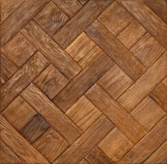 Rectangular wooden slats are perfectly matched to each other and neatly laid out in a diamond pattern.