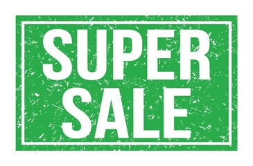 SUPER SALE, words on green rectangle stamp sign