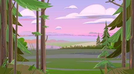 Fototapeten Lila Before sunrise. Landscape with wild plants in the morning. Illustration in cartoon style flat design. Vector  © WebPAINTER-Std