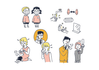 子供たちの感染症対策に関するイラストセット　コミカルな手書きの人物イラスト　