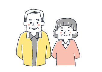 仲の良い老夫婦　コミカルな手書きの人物イラスト　ベクター線画にシンプルな色つけ　白バック