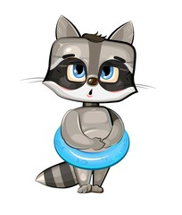 Funny Raccoon got ready to swim in an inflatable ring. Funny comic baby animal. Young cute cartoon style. Childrens clipart illustration isolated on white background. Vector