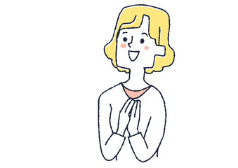 上を見て喜んでいる女性　コミカルな手書きの人物イラスト　ベクター線画にシンプルな色つけ　
