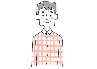 チェックのシャツの男性　コミカルな手書きの人物イラスト　ベクター線画にシンプルな色つけ　白バック
